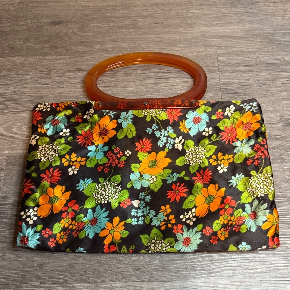Vintage Floral Print Expandable Bag with Amber Lucite Handles